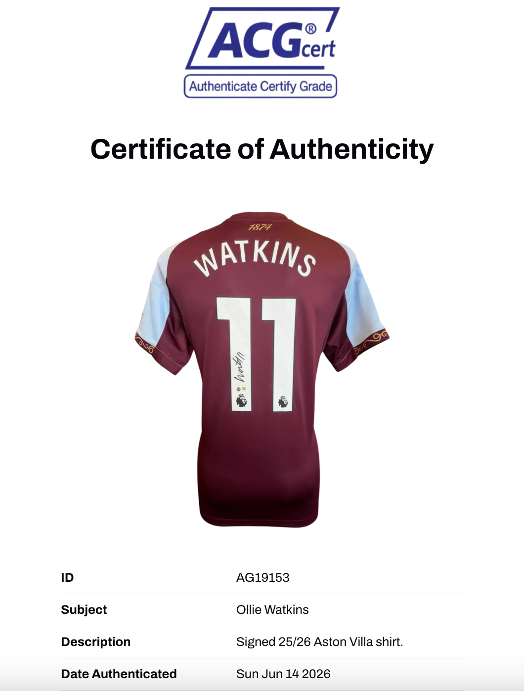 OLLIE WATKINS SIGNED ASTON VILLA 2025/26 HOME SHIRT (ACG CERT AG19153)