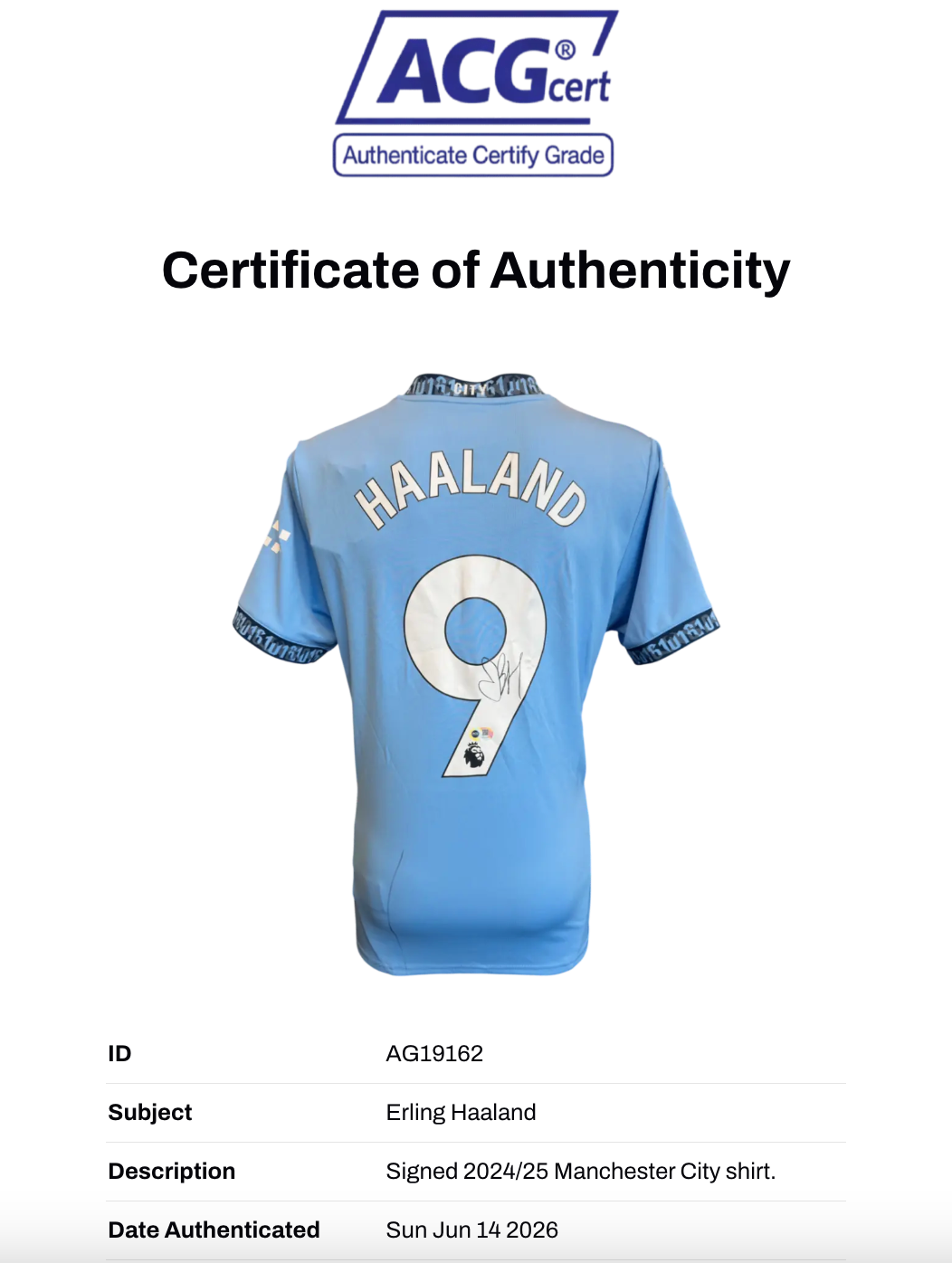 ERLING HAALAND SIGNED MANCHESTER CITY FC 24/25 HOME SHIRT (ACG CERT AG19162)