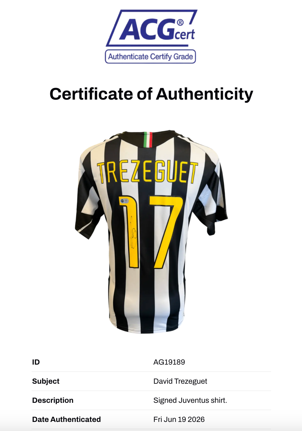 DAVID TREZEGUET SIGNED JUVENTUS RETRO HOME SHIRT (ACG CERT AG19189)-2