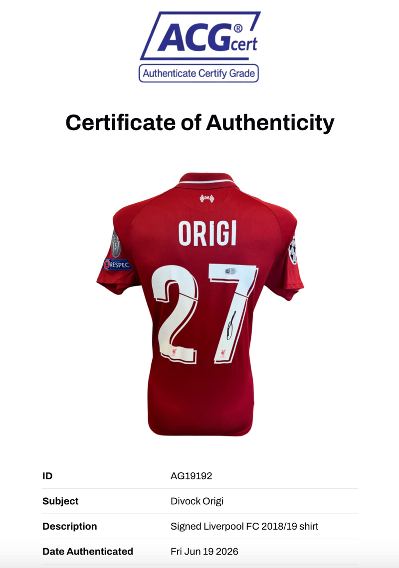 DIVOCK ORIGI SIGNED 2018/19 LIVERPOOL UCL FINAL MADRID SHIRT (ACG CERT AG19192)-2