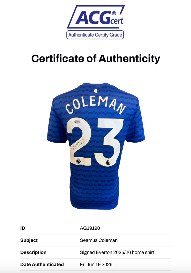SEAMUS COLEMAN SIGNED EVERTON FC 2025/26 HOME SHIRT (ACG CERT AG19190)-2