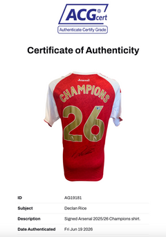 DECLAN RICE SIGNED ARSENAL CHAMPIONS 25/26 HOME SHIRT (ACG CERT AG19181)-2