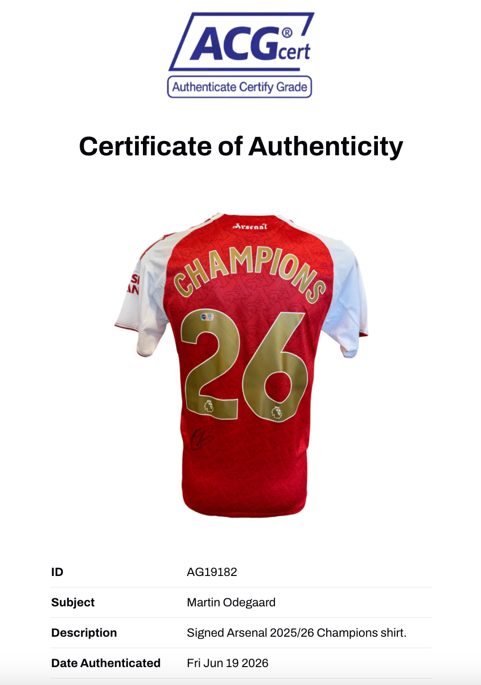 MARTIN ODEGAARD SIGNED ARSENAL CHAMPIONS 25/26 HOME SHIRT (ACG CERT AG19182)-2