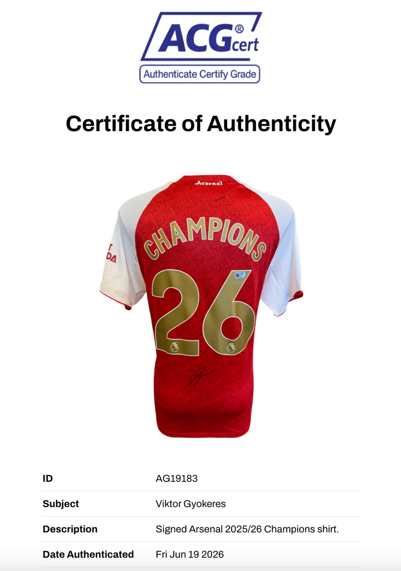 VIKTOR GYOKERES SIGNED ARSENAL 25/26 CHAMPIONS HOME SHIRT (ACG CERT AG19183)-2