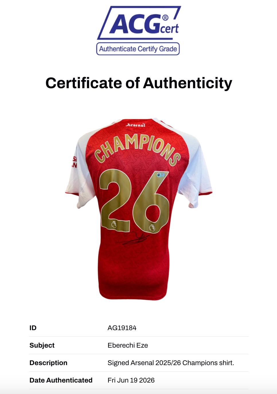 EBERECHI EZE SIGNED 2025/26 ARSENAL FC CHAMPIONS SHIRT (ACG CERT AG19184)-2