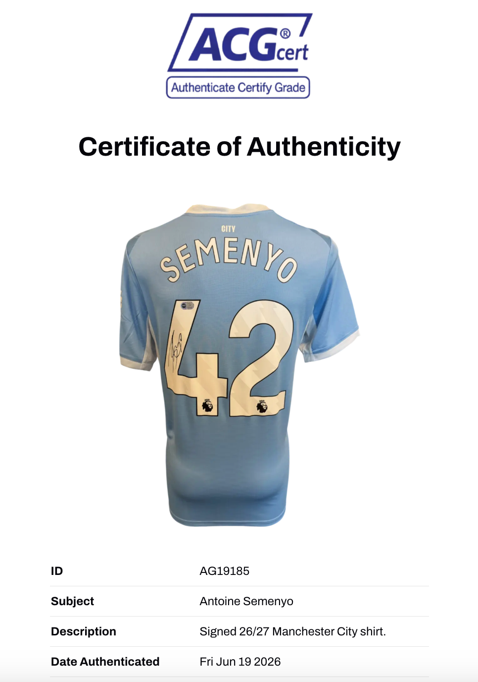 ANTOINE SEMENYO SIGNED MANCHESTER CITY FC 26/27 HOME SHIRT (ACG CERT AG19185)-2