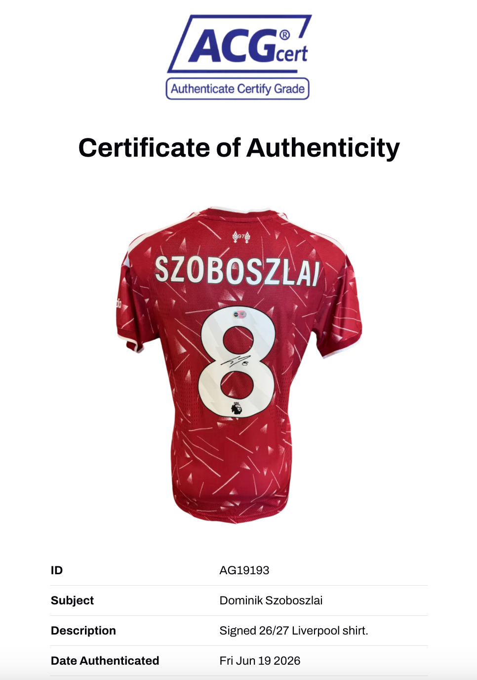 DOMINIK SZOBOSZLAI SIGNED 2026/27 LIVERPOOL FC HOME SHIRT (ACG CERT AG19193)