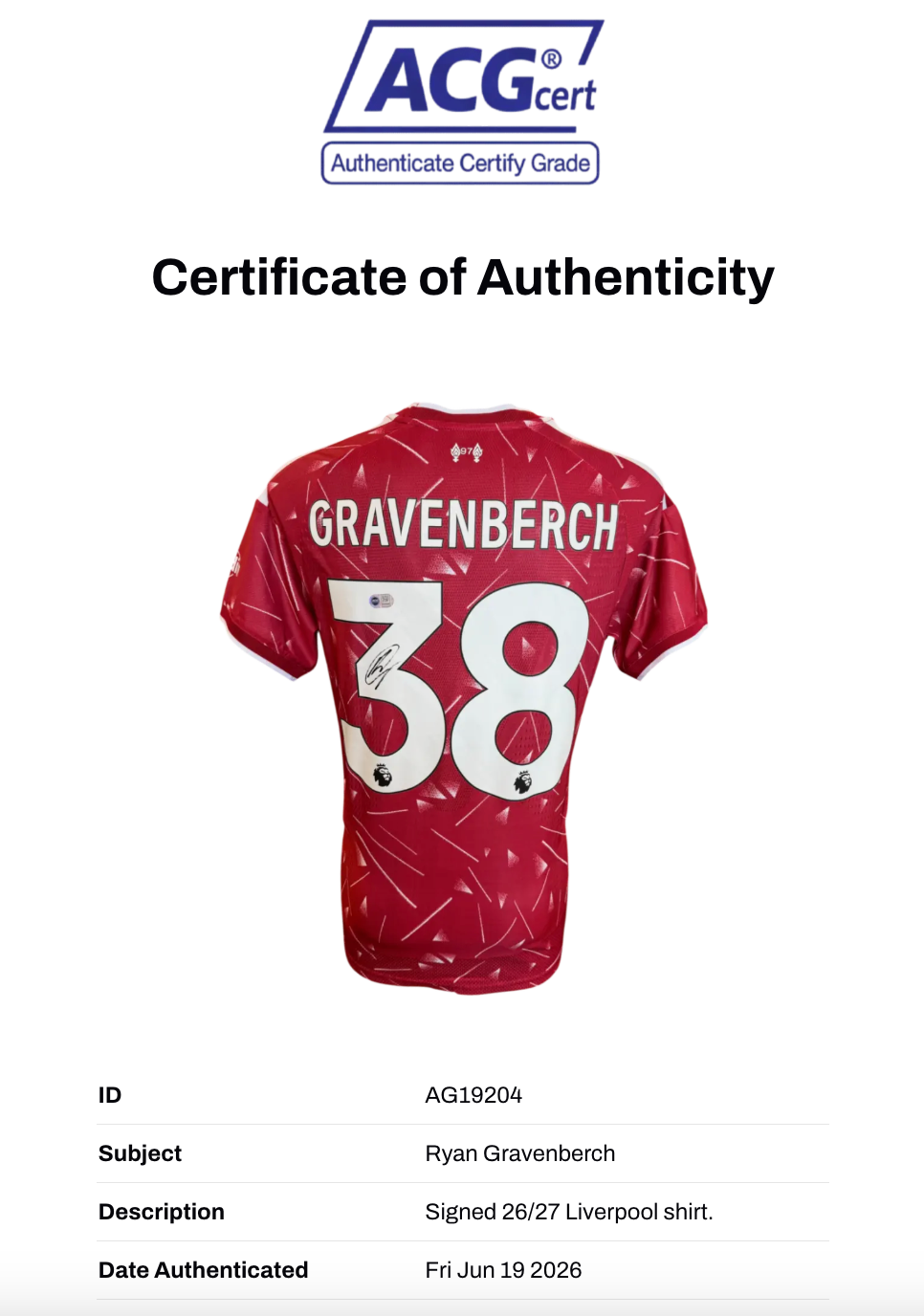 RYAN GRAVENBERCH SIGNED LIVERPOOL FC 2026/27 HOME SHIRT (ACG CERT AG19204)-2