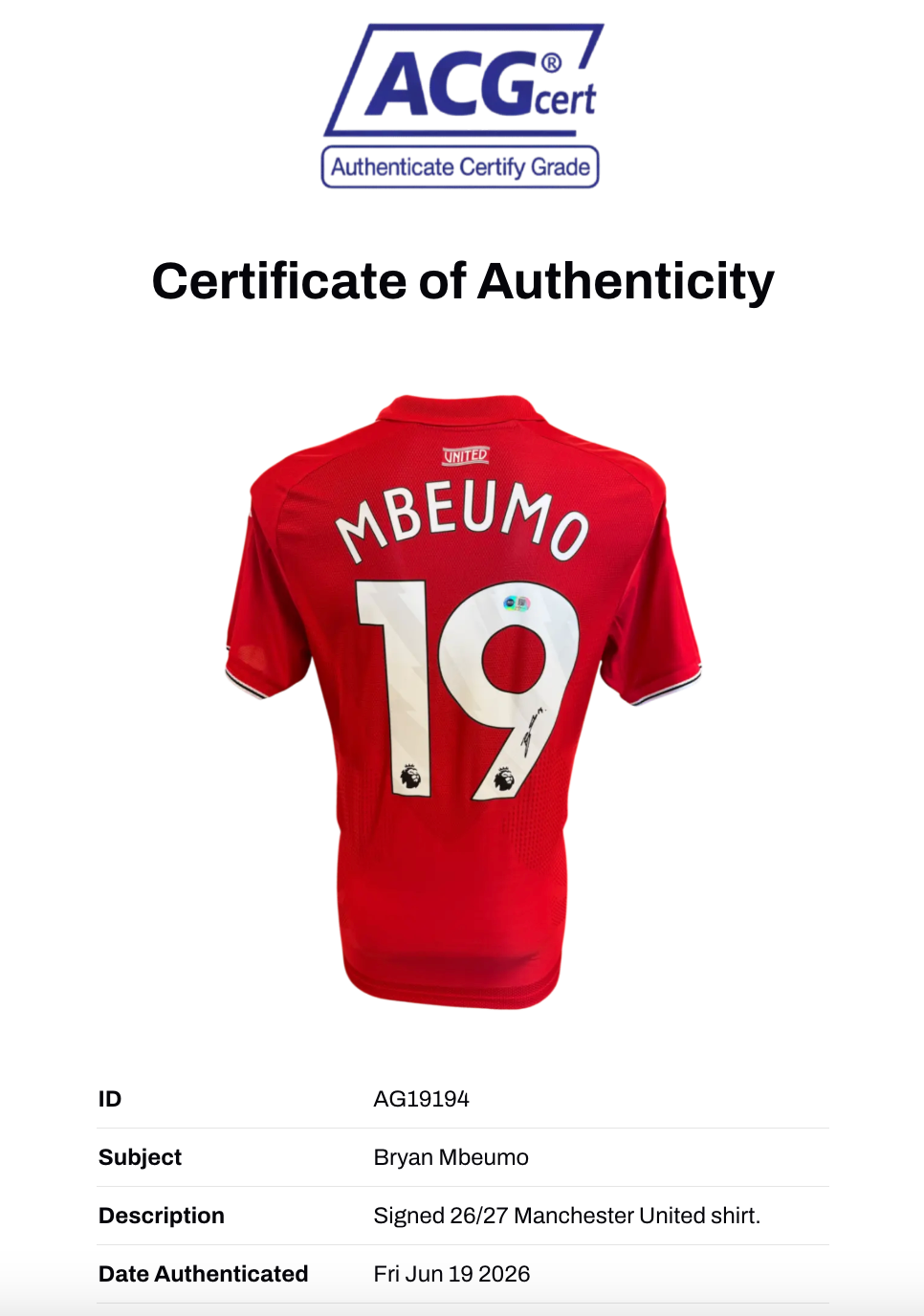BRYAN MBEUMO SIGNED 2026/27 MANCHESTER UTD HOME SHIRT (ACG CERT AG19194)-2