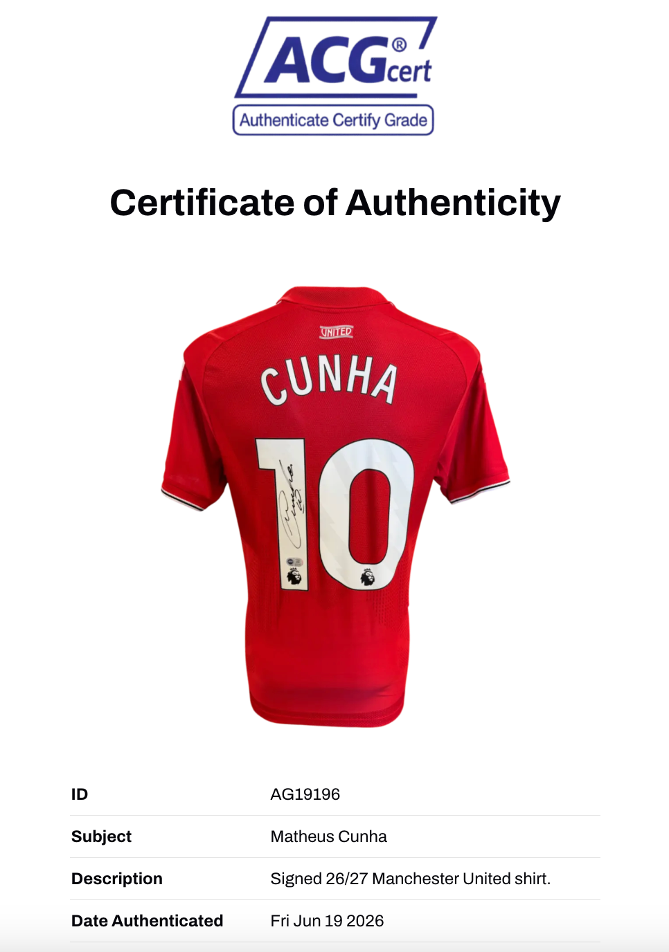 MATHEUS CUNHA SIGNED MANCHESTER UNITED 2026/27 HOME SHIRT (ACG CERT AG19196)-2