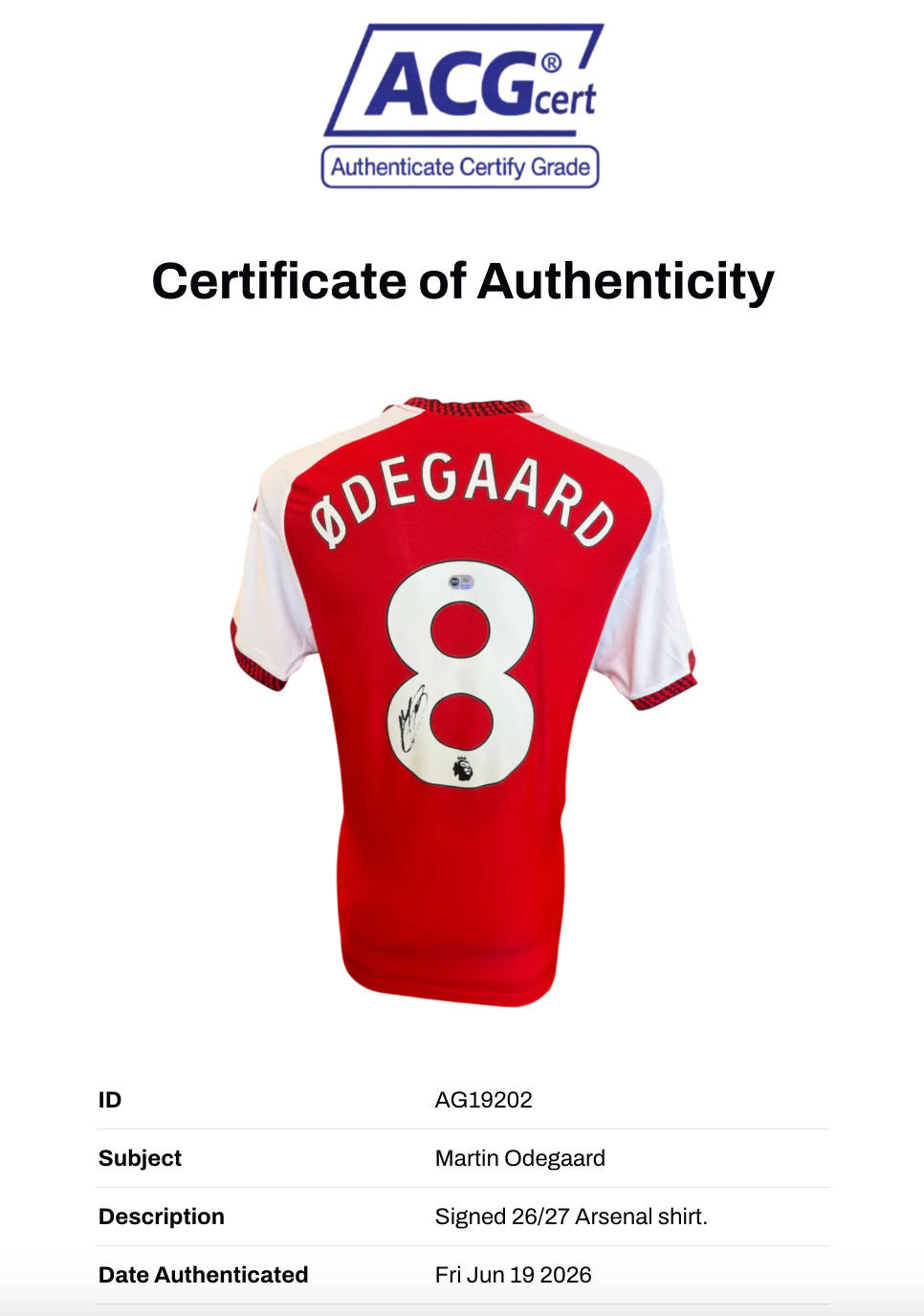 MARTIN ODEGAARD SIGNED ARSENAL FC 2026/27 HOME SHIRT (ACG CERT AG19202)-2