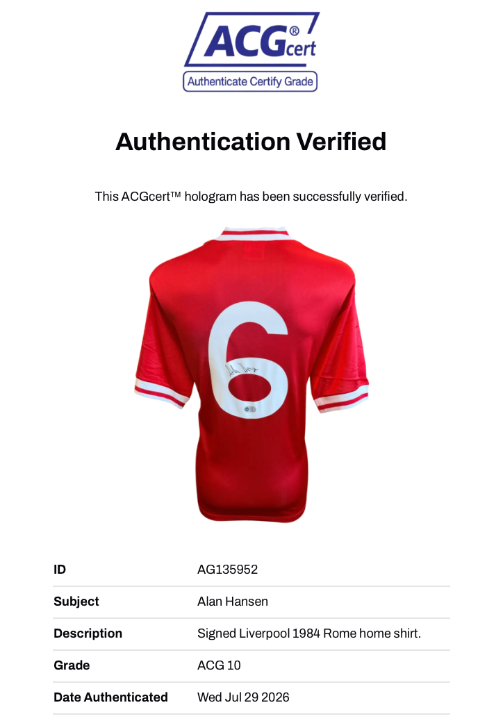 ALAN HANSEN SIGNED LIVERPOOL FC ROME 1984 HOME SHIRT (ACG CERT AG135952)-3