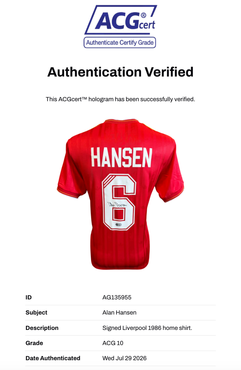ALAN HANSEN SIGNED LIVERPOOL FC 1986 HOME SHIRT (ACG CERT AG135955)-3