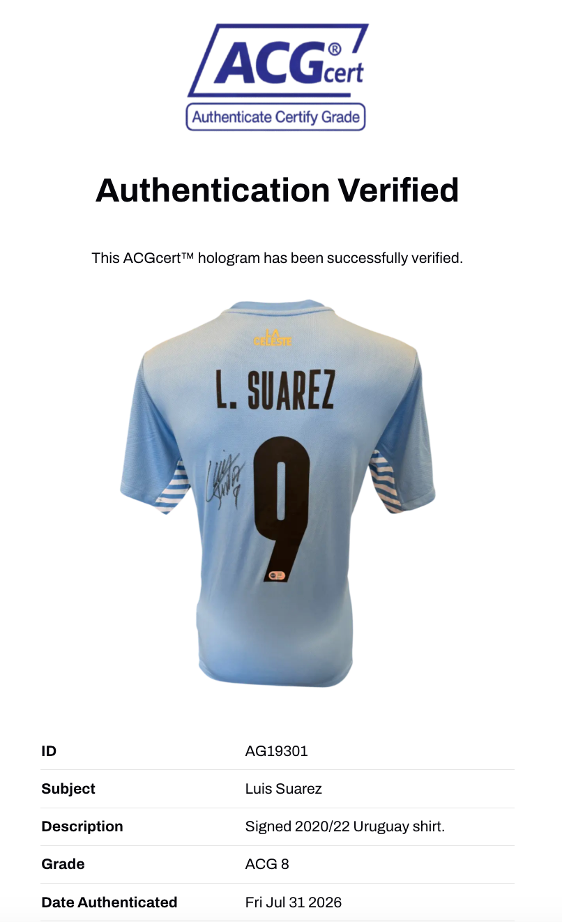LUIS SUAREZ SIGNED URUGUAY 2020/22 HOME SHIRT (ACG CERT AG19301)-2