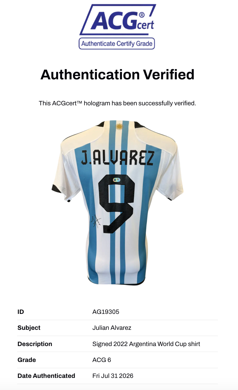 JULIAN ALVAREZ SIGNED ARGENTINA 2022 WORLD CUP WINNERS SHIRT (ACG CERT AG19305)-2