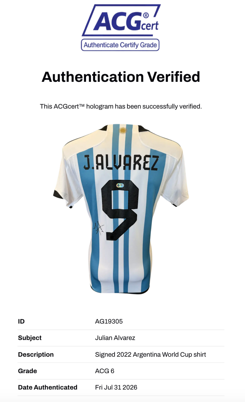 JULIAN ALVAREZ SIGNED ARGENTINA 2022 WORLD CUP WINNERS SHIRT (ACG CERT AG19305)-2