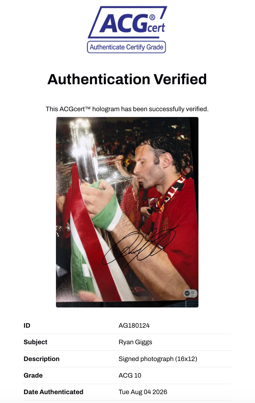 RYAN GIGGS SIGNED MANCHESTER UNITED UCL TROPHY 16x12 PHOTO (ACG CERT AG180124)-2