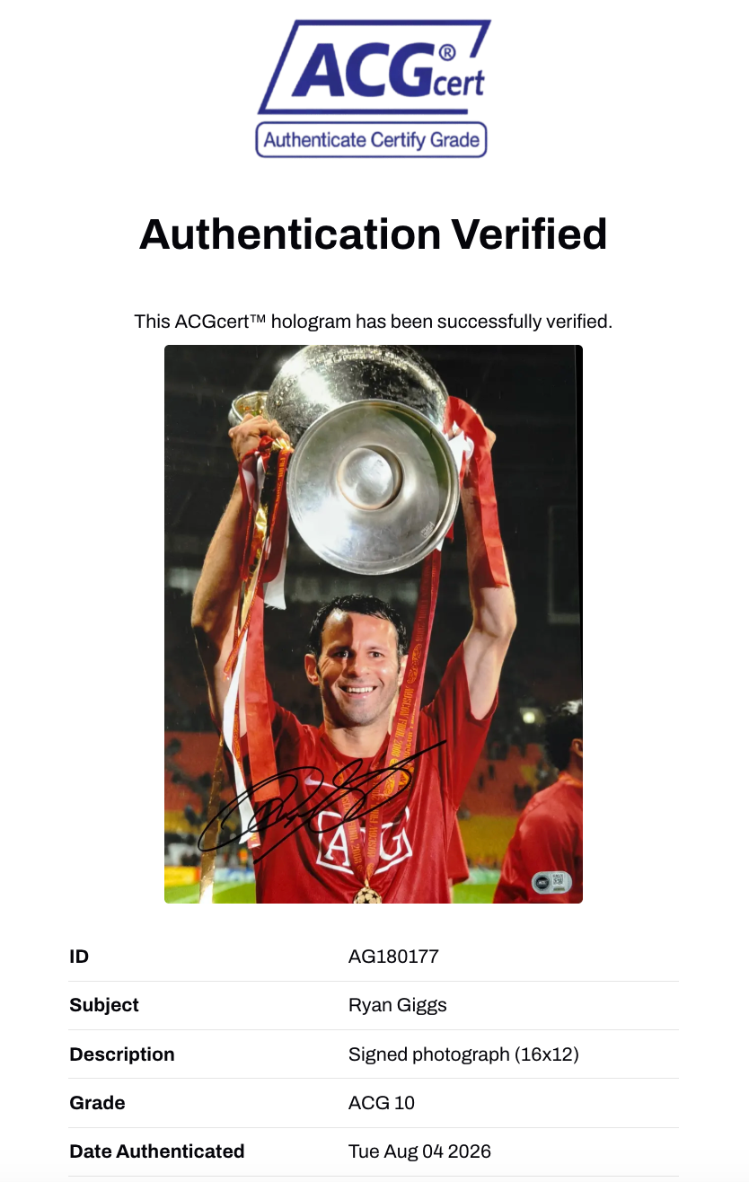 RYAN GIGGS SIGNED MANCHESTER UNITED UCL TROPHY 16x12 PHOTO (ACG CERT AG180177)-2