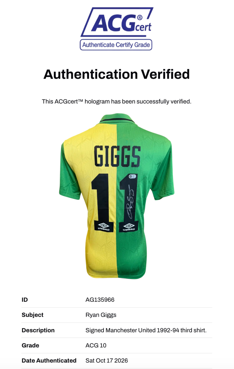 RYAN GIGGS SIGNED MANCHESTER UNITED 1992-94 NEWTON HEATH THIRD SHIRT (ACG CERT AG135966)-2