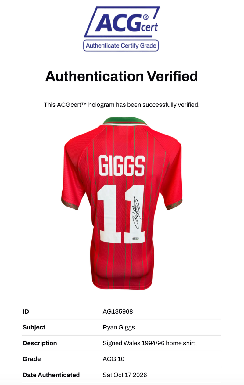 RYAN GIGGS SIGNED WALES 1994/96 HOME SHIRT (ACG CERT AG135968)-2