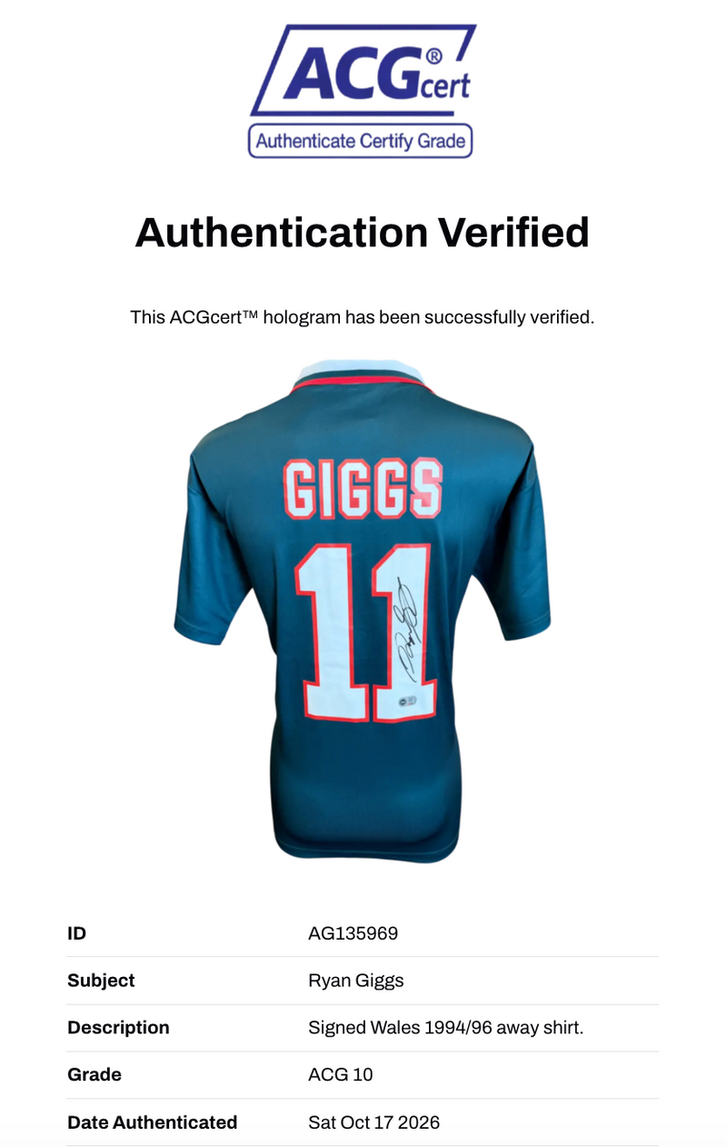 RYAN GIGGS SIGNED WALES 1994/96 AWAY SHIRT (ACG CERT AG135969)-2