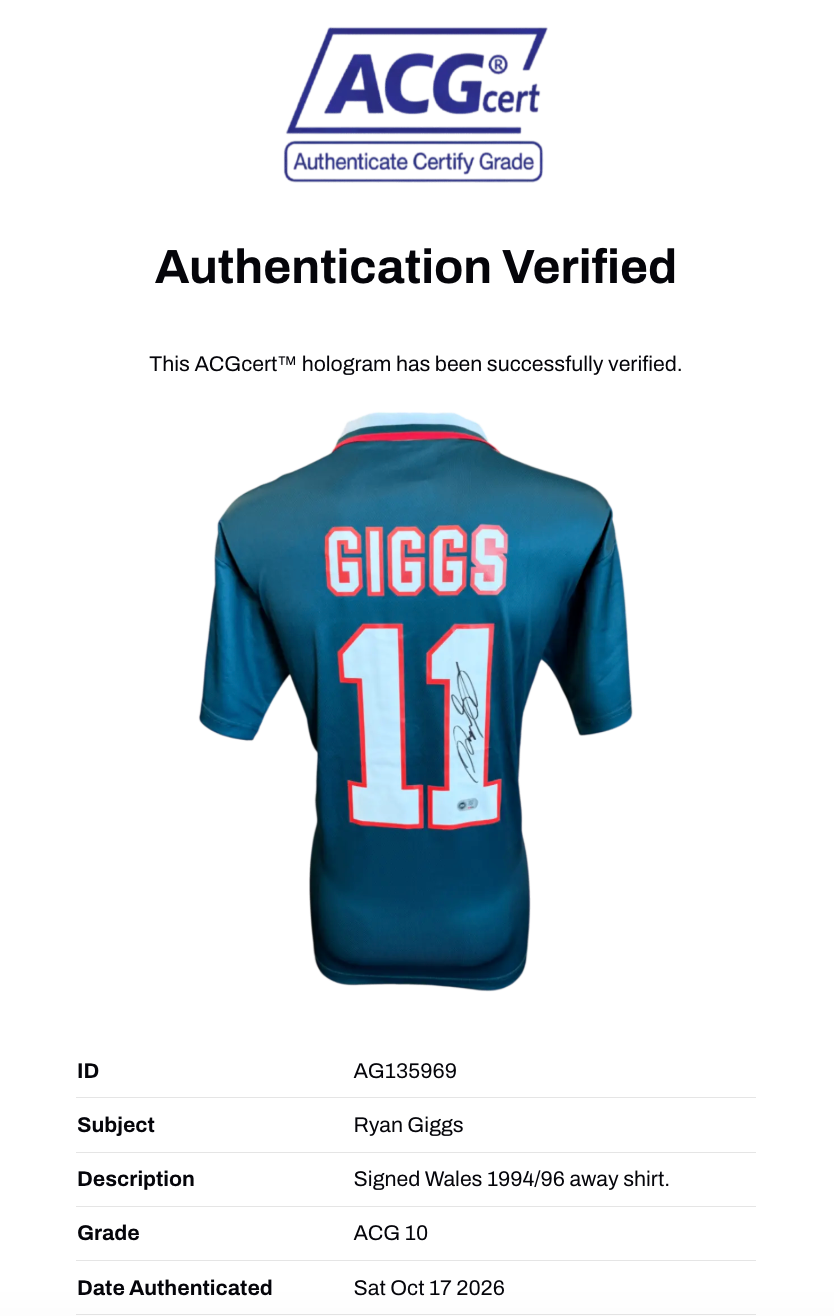 RYAN GIGGS SIGNED WALES 1994/96 AWAY SHIRT (ACG CERT AG135969)-2
