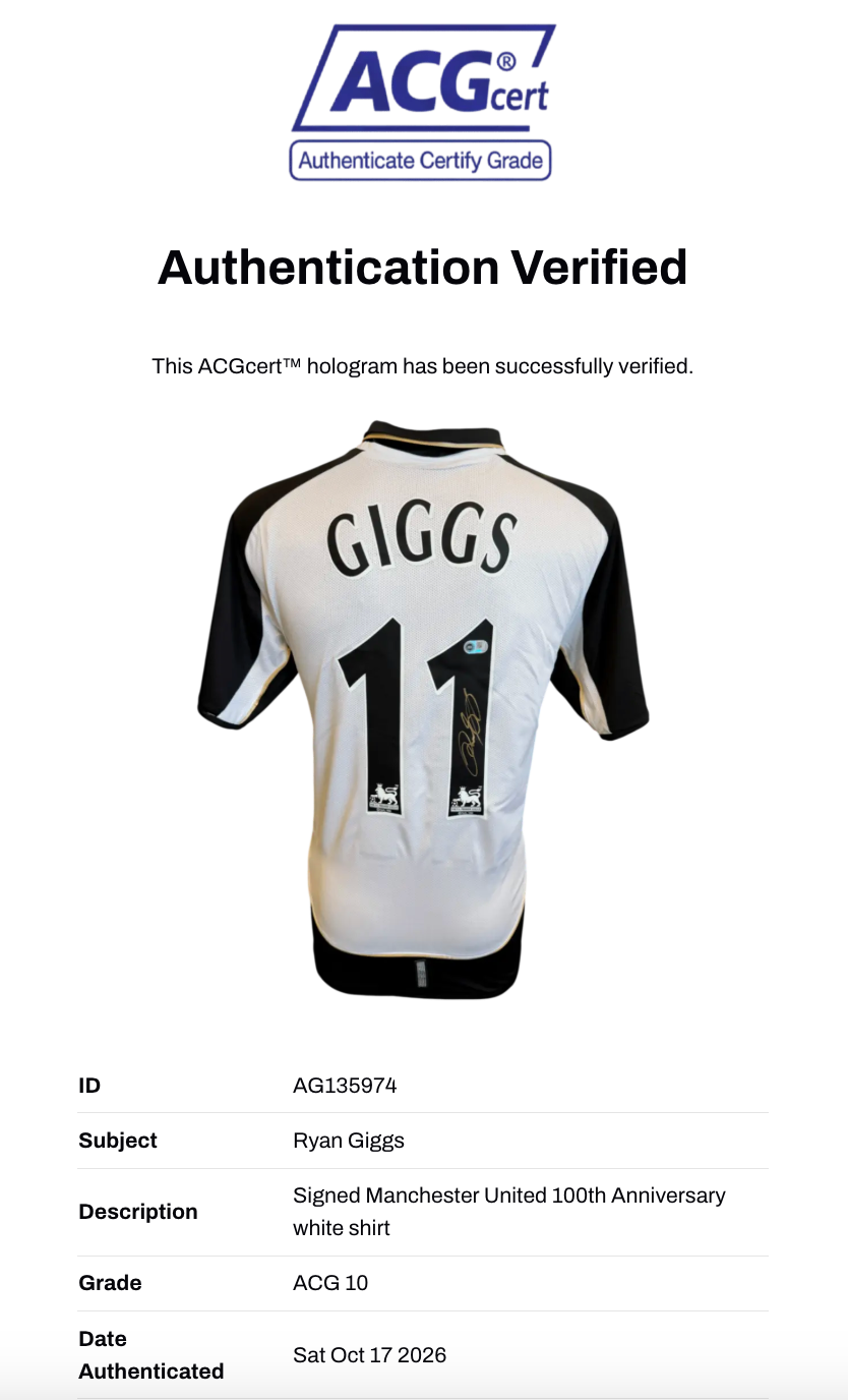 RYAN GIGGS SIGNED MANCHESTER UNITED 100TH ANNIVERSARY WHITE SHIRT (ACG CERT AG135974)-2