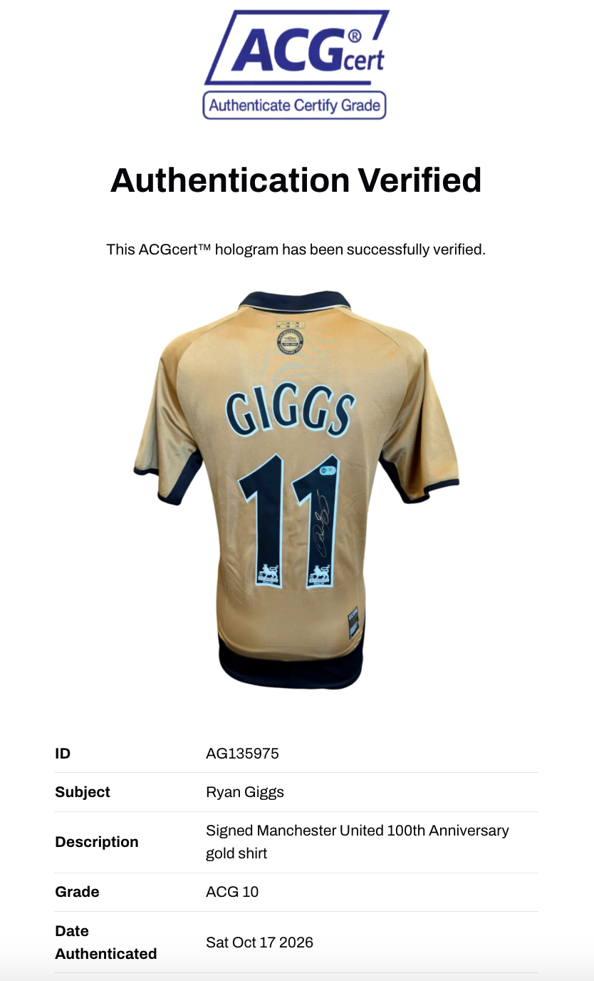 RYAN GIGGS SIGNED MANCHESTER UNITED 100TH ANNIVERSARY GOLD SHIRT (ACG CERT AG135975)-2
