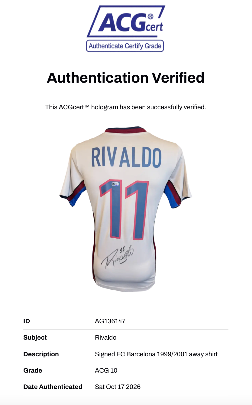 RIVALDO SIGNED FC BARCELONA 1999/01 AWAY SHIRT (ACG CERT AG136147)-2