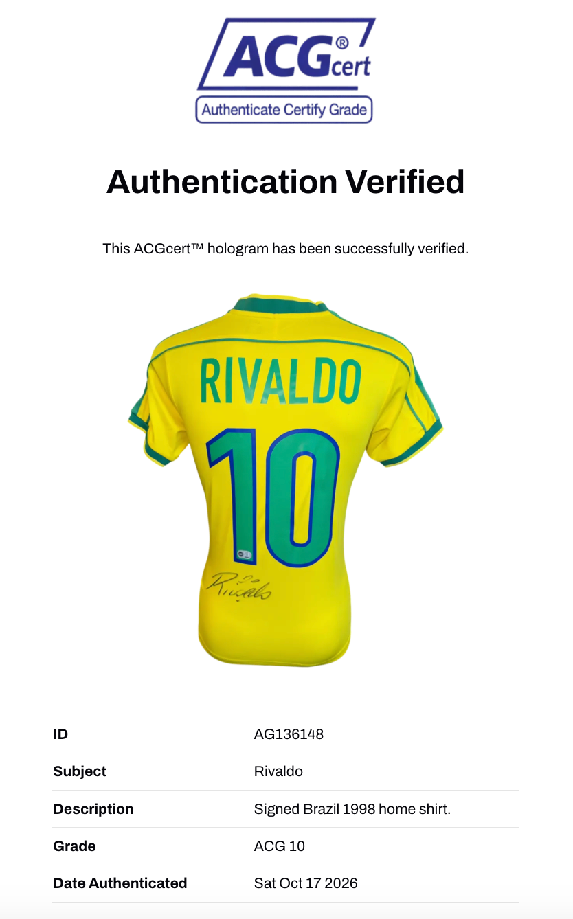 RIVALDO SIGNED BRAZIL 1998 WORLD CUP HOME SHIRT (ACG CERT AG136148)-2