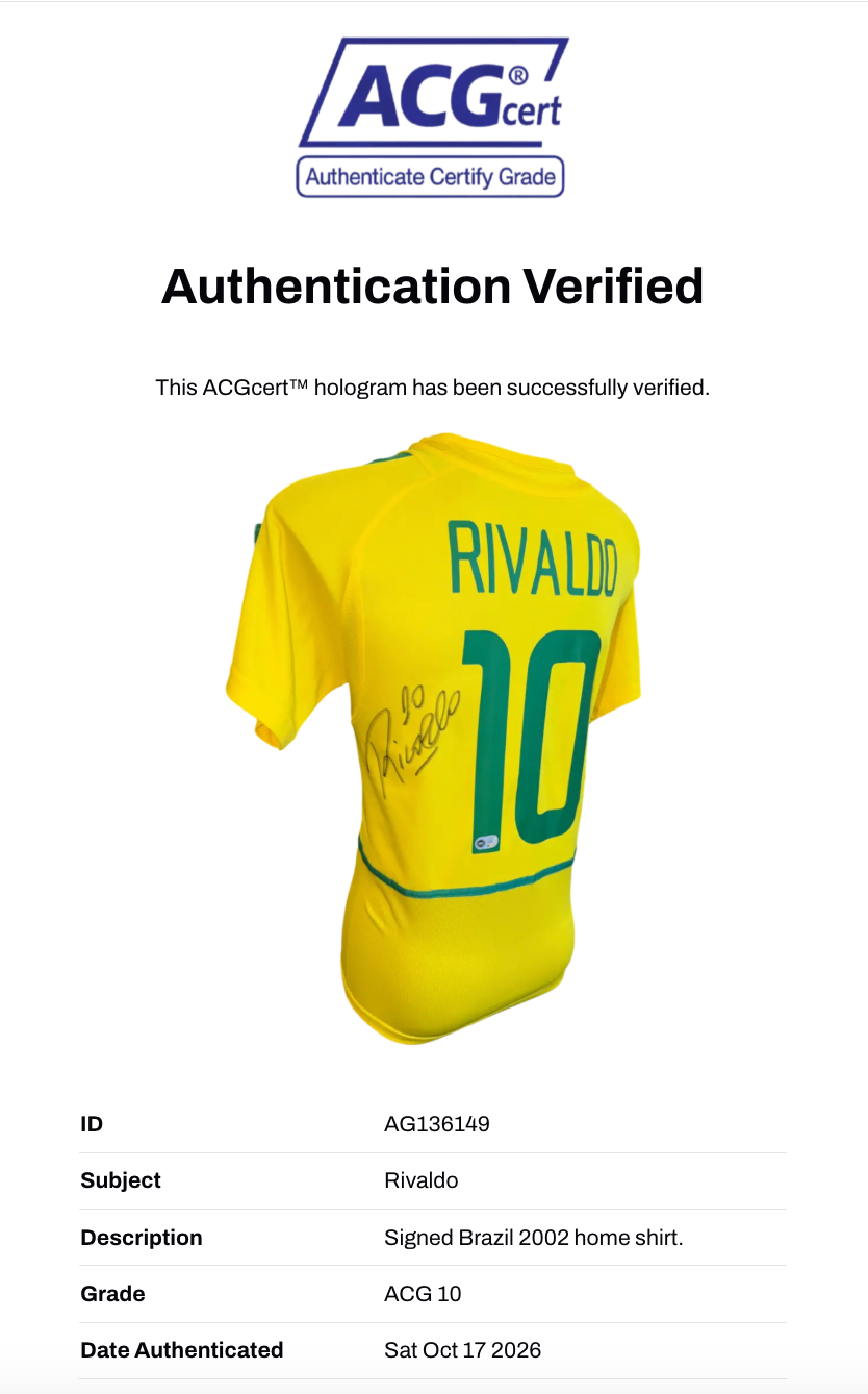 RIVALDO SIGNED BRAZIL 2002 WORLD CUP HOME SHIRT (ACG CERT AG136149)-3