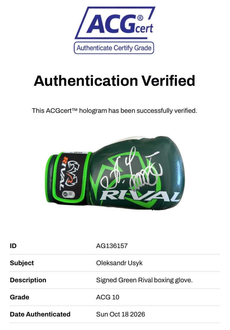 OLEKSANDR USYK SIGNED GREEN RIVAL BOXING GLOVE UNDISPUTED CHAMP (ACG CERT AG136157)-2