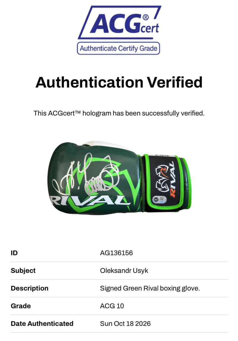 OLEKSANDR USYK SIGNED GREEN RIVAL BOXING GLOVE UNDISPUTED CHAMP (ACG CERT AG136156)-2