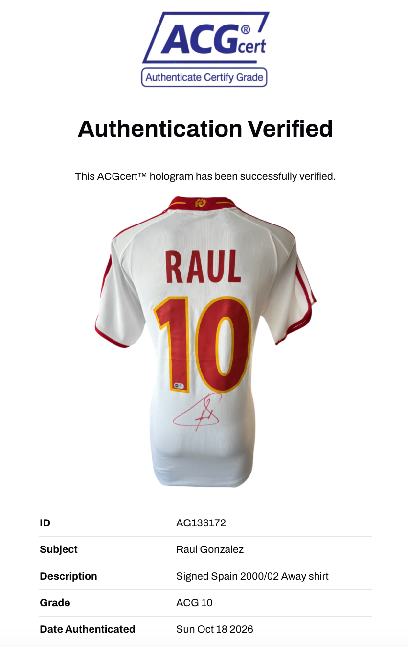 RAUL SIGNED SPAIN 2000/02 AWAY SHIRT (ACG CERT AG136172)-3
