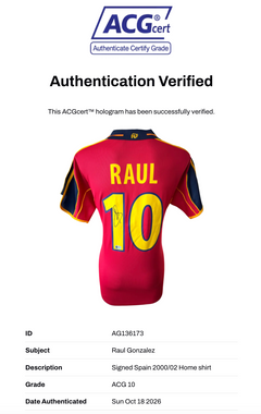 RAUL SIGNED SPAIN 2000/02 HOME SHIRT (ACG CERT AG136173)-3