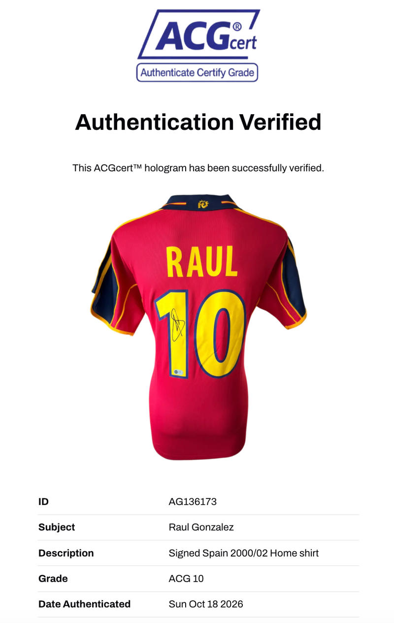 RAUL SIGNED SPAIN 2000/02 HOME SHIRT (ACG CERT AG136173)-3