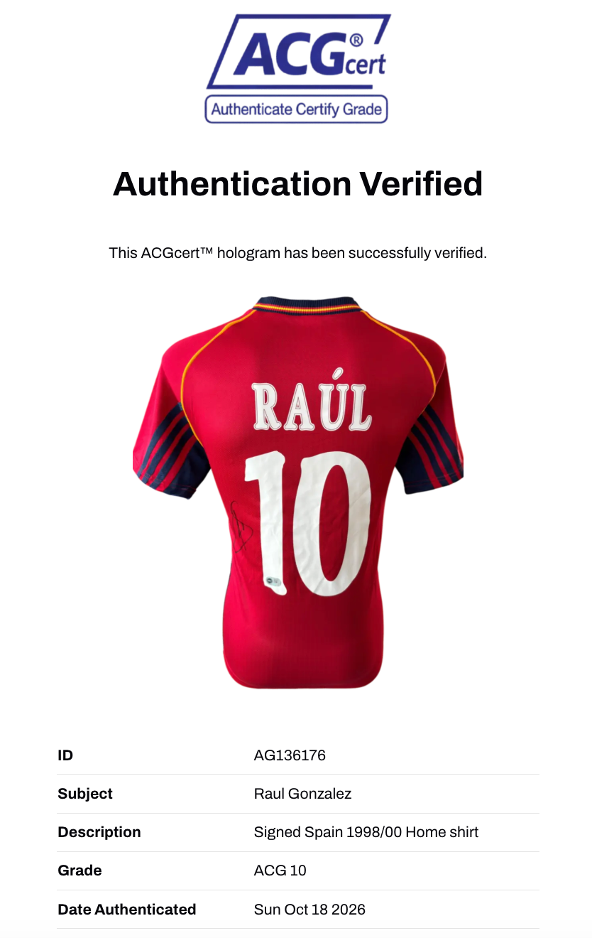RAUL SIGNED SPAIN 1998/00 HOME SHIRT (ACG CERT AG136176)-3