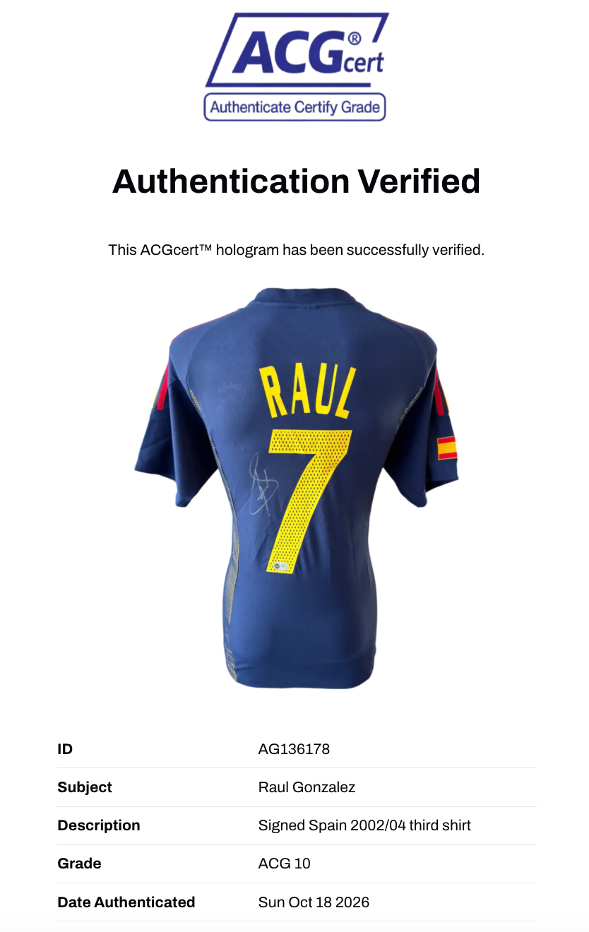 RAUL SIGNED SPAIN 2002/04 THIRD SHIRT (ACG CERT AG136178)-3
