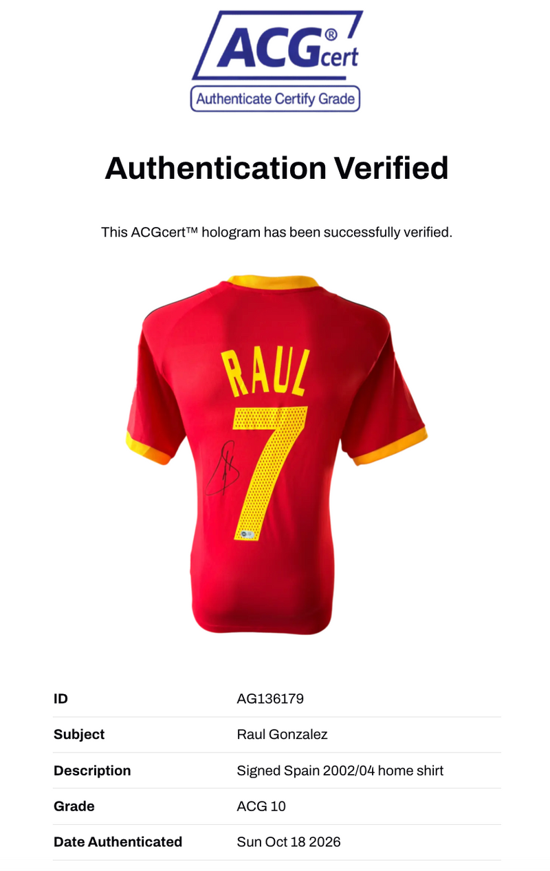 RAUL SIGNED SPAIN 2002/04 HOME SHIRT (ACG CERT AG136179)-3