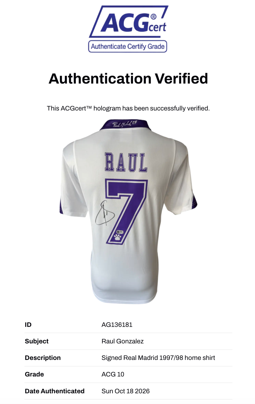 RAUL SIGNED REAL MADRID 1997/98 HOME SHIRT (ACG CERT AG136181)-3