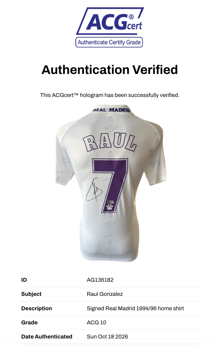 RAUL SIGNED REAL MADRID 1994/96 HOME SHIRT (ACG CERT AG136182)-3