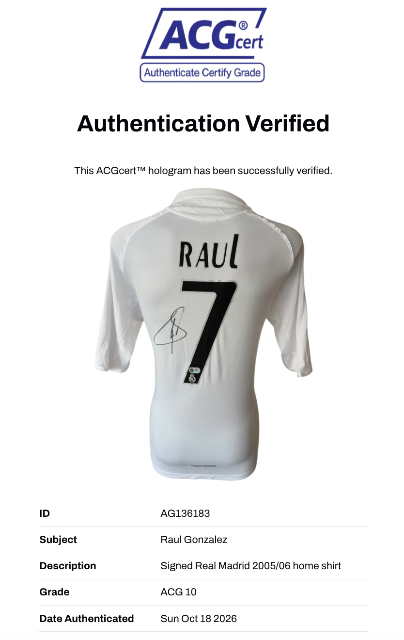 RAUL SIGNED REAL MADRID 2005/06 HOME SHIRT (ACG CERT AG136183)-3