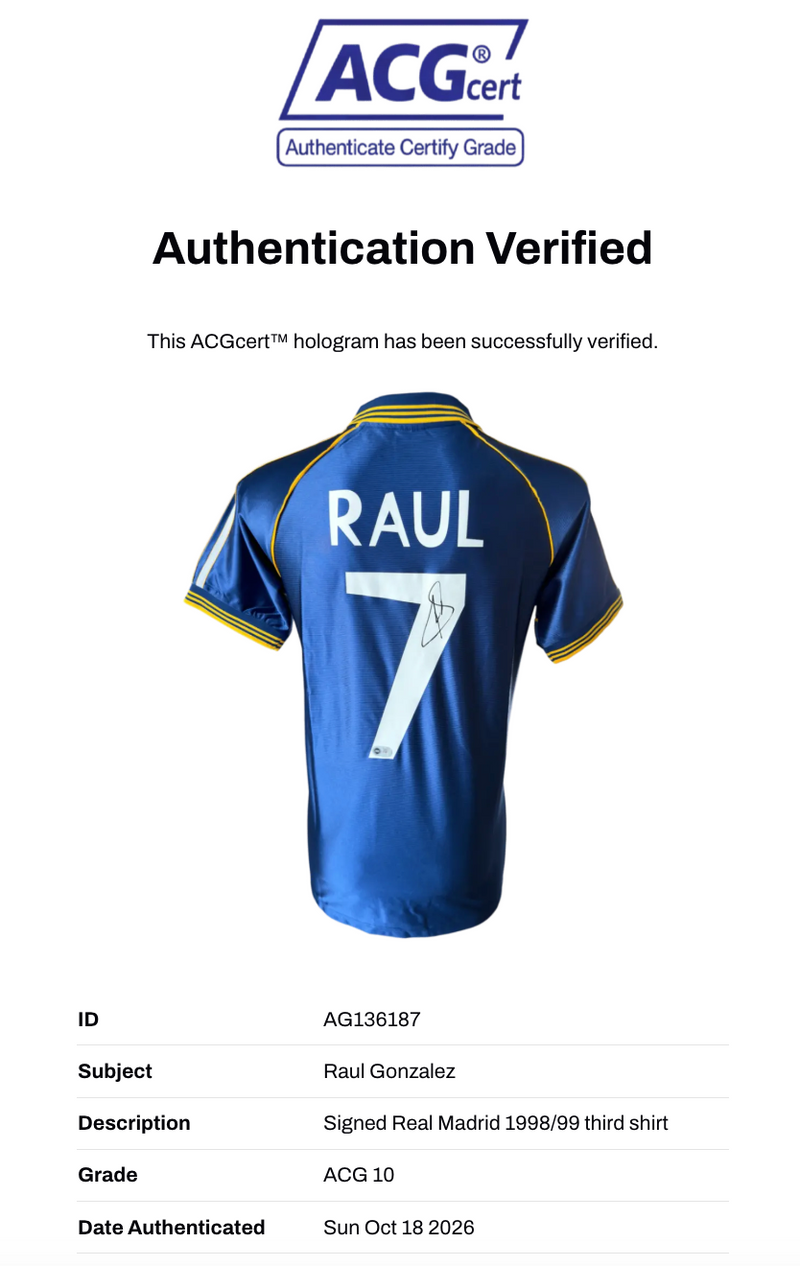 RAUL SIGNED REAL MADRID 1998/99 THIRD SHIRT (ACG CERT AG136187)-3