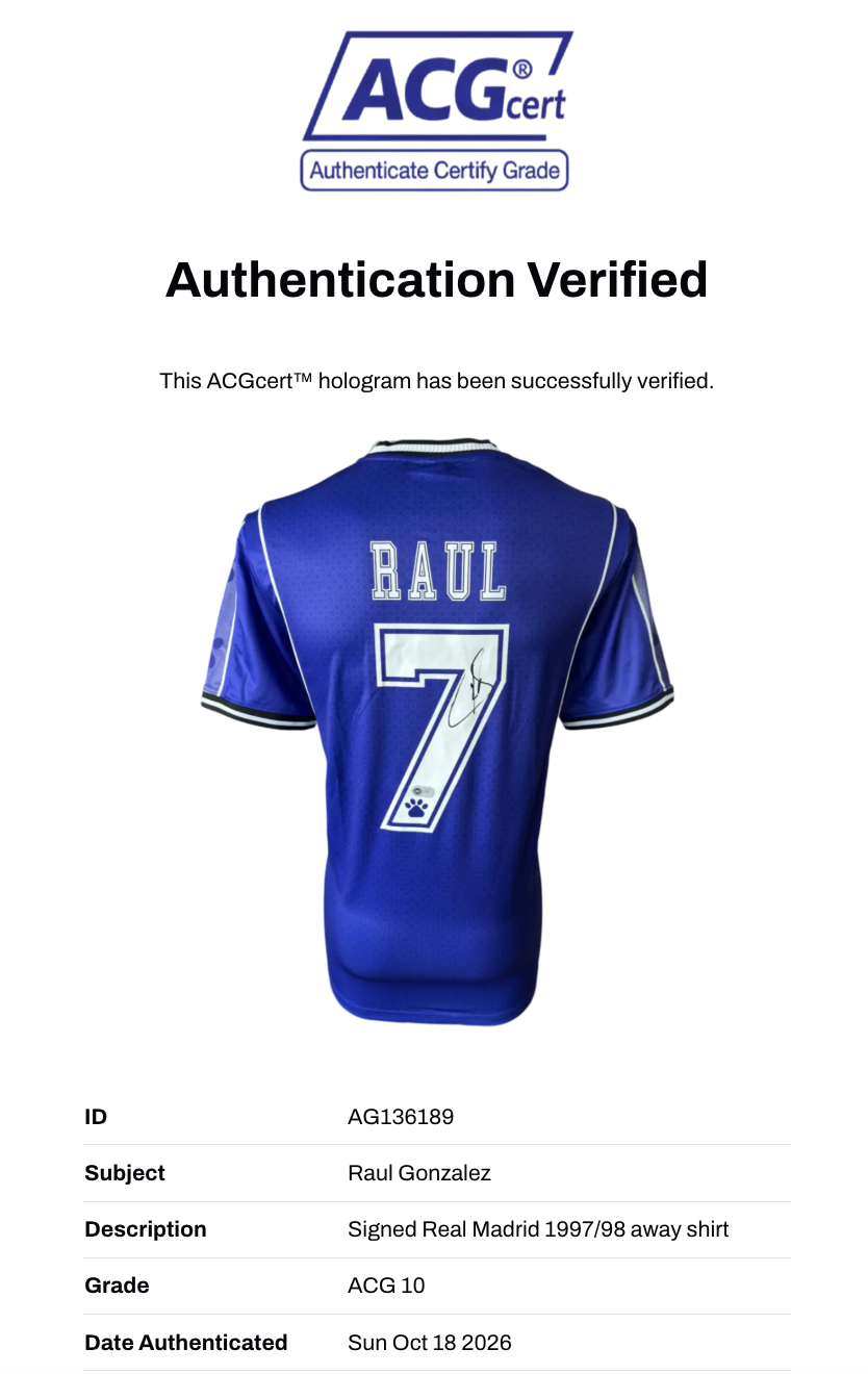 RAUL SIGNED REAL MADRID 1997/98 AWAY SHIRT (ACG CERT AG136189)-3