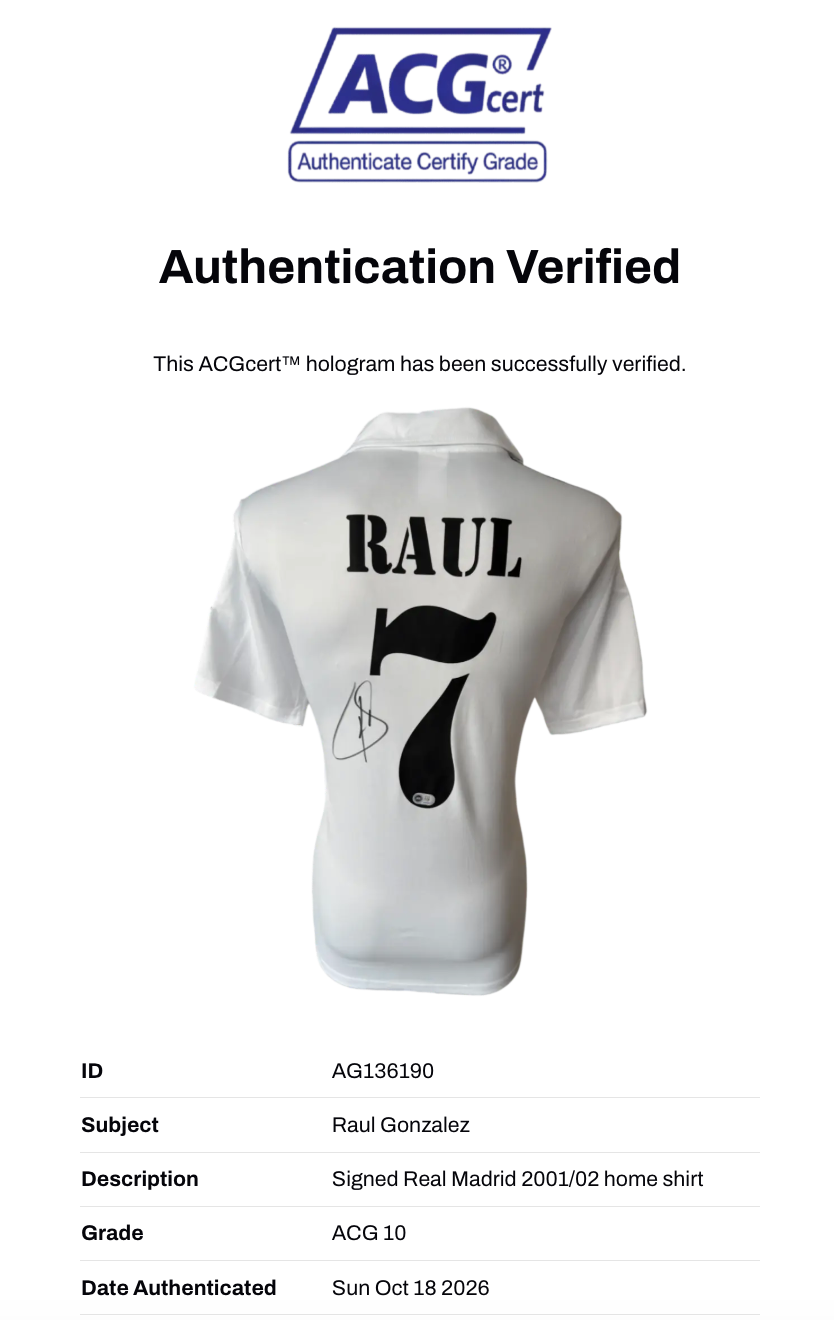 RAUL SIGNED REAL MADRID 2001/02 HOME UCL FINAL SHIRT (ACG CERT AG136190)-3