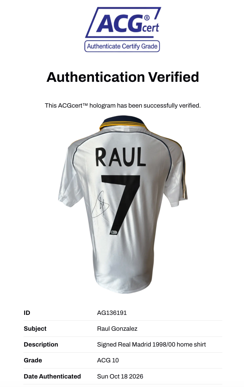 RAUL SIGNED REAL MADRID 1999/00 HOME SHIRT (ACG CERT AG136191)-3