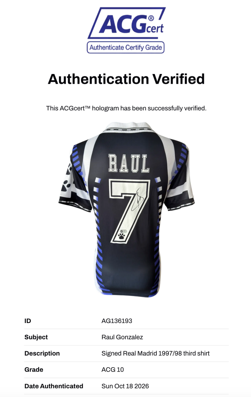 RAUL SIGNED REAL MADRID 1997/98 THIRD SHIRT (ACG CERT AG136193)-3