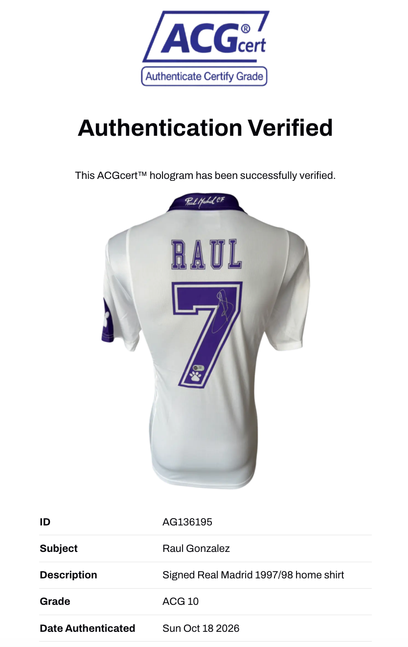 RAUL SIGNED REAL MADRID 1997/98 UCL FINAL HOME SHIRT (ACG CERT AG136195)-3