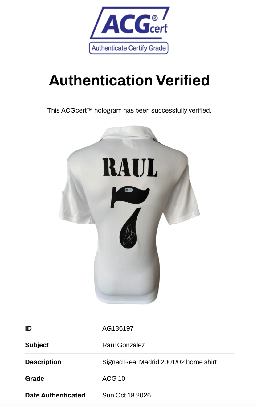 RAUL SIGNED REAL MADRID 2001/02 HOME UCL FINAL SHIRT (ACG CERT AG136197)-3