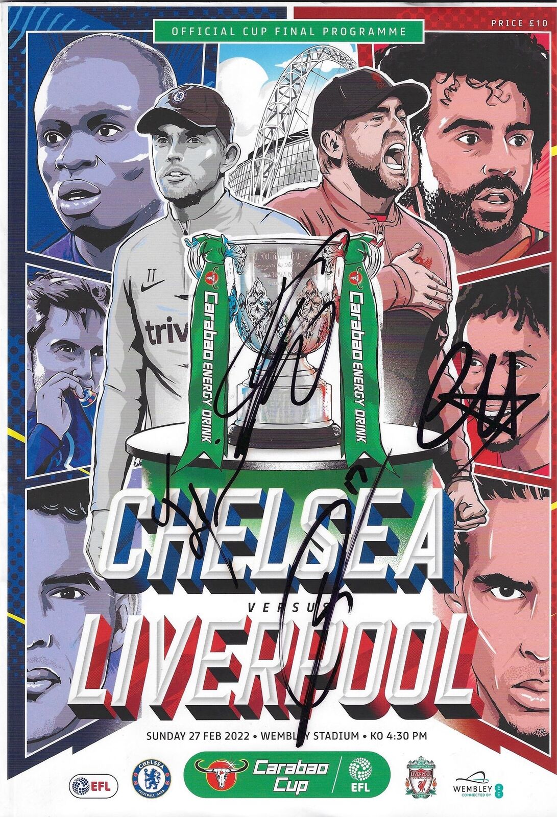 JURGEN KLOPP, ALEXANDER-ARNOLD, JONES, MINAMINO SIGNED CARABAO CUP FINAL PROG (AFTAL COA)